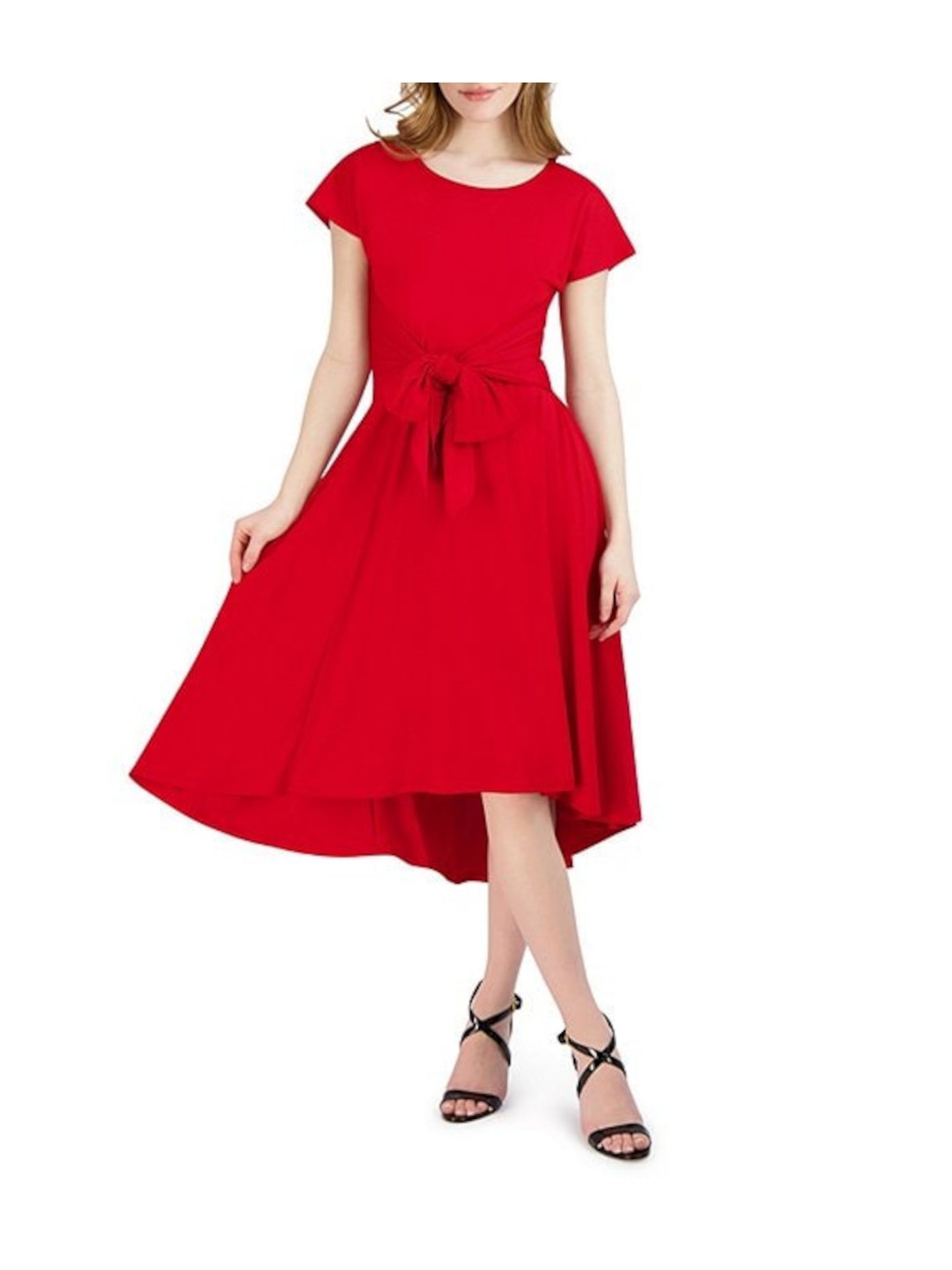 ROBBIE BEE Womens Red Belted Pleated Unlined Short Sleeve Round Neck Midi Wear To Work Hi-Lo Dress L