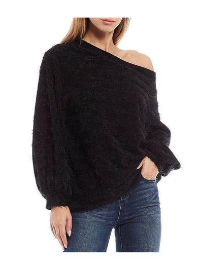 1. STATE Womens Black Cold Shoulder Fuzzy Striped Long Sleeve Asymmetrical Neckline Sweater M