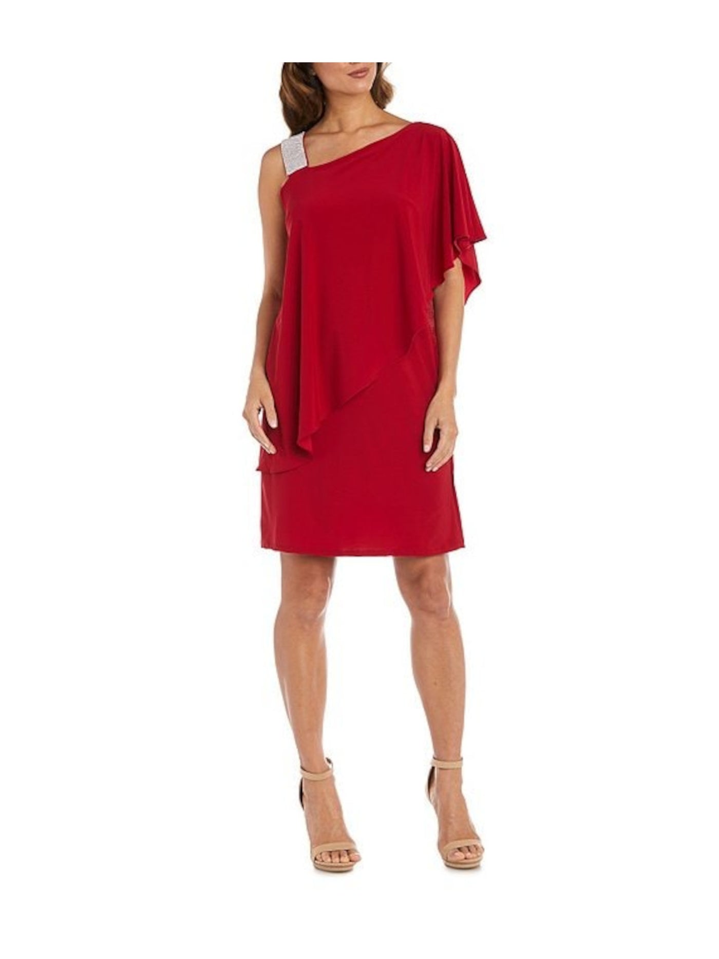 R&M RICHARDS Womens Red Embellished Ruffled Elbow Sleeve Asymmetrical Neckline Knee Length Party Shift Dress 16