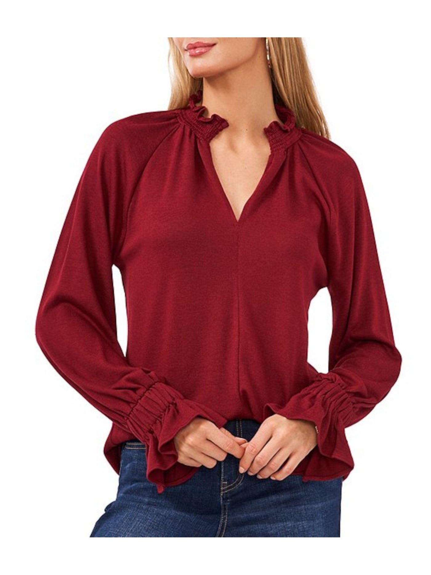 VINCE CAMUTO Womens Burgundy Smocked Bell Cuffs Long Sleeve Split Sweater L