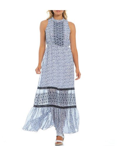 KENSIE Womens Blue Lace Ruffled Sheer Lined Printed Sleeveless Keyhole Maxi Evening Dress 4