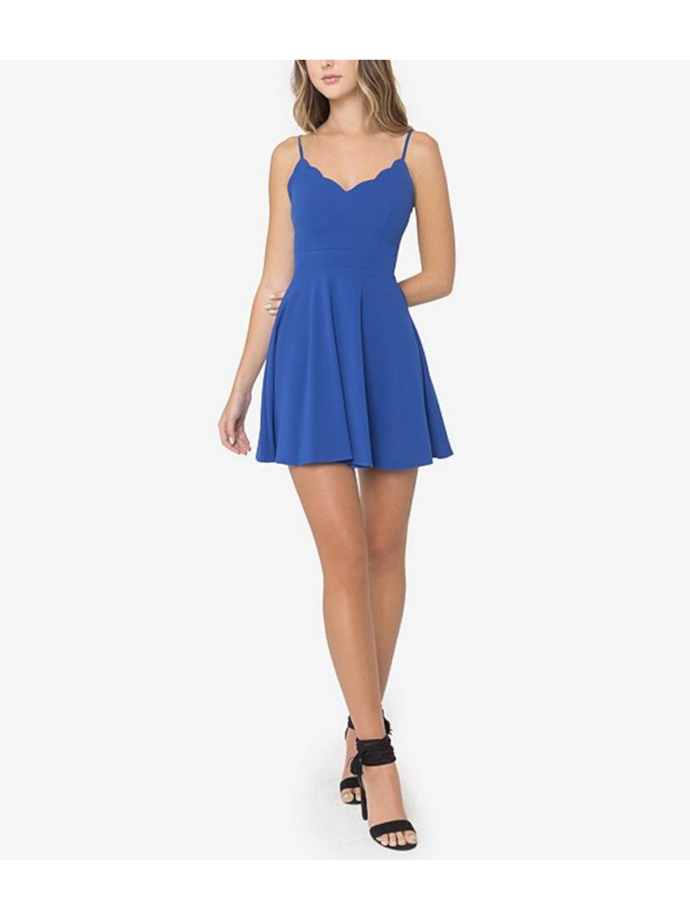 B DARLIN Womens Blue Zippered Spaghetti Strap V Neck Short Party Fit + Flare Dress Juniors 1\2