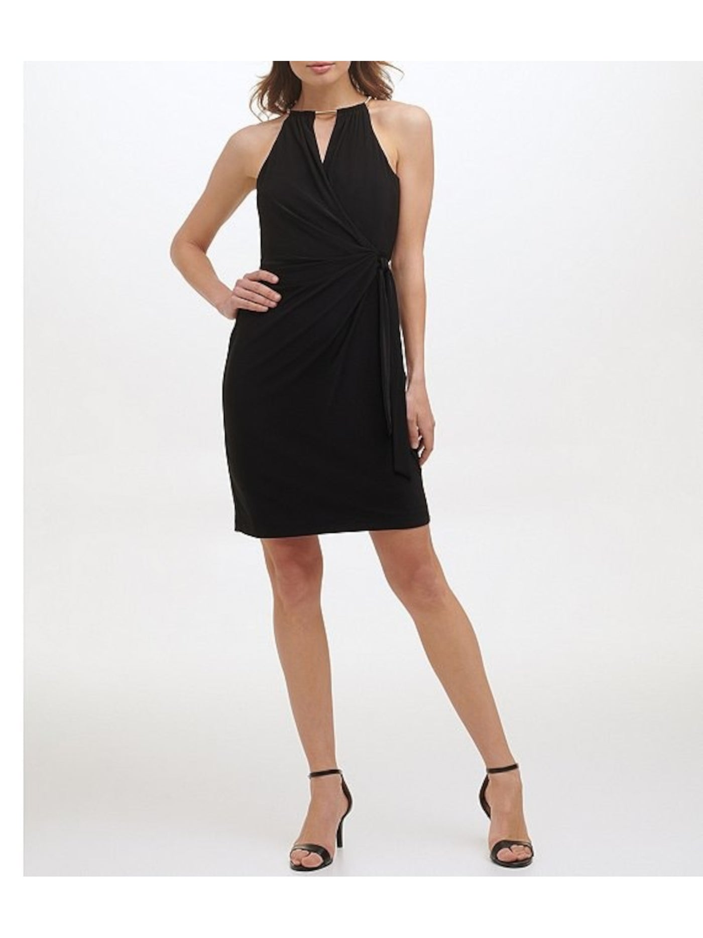 KENSIE DRESSES Womens Black Tie Sleeveless Halter Above The Knee Party Faux Wrap Dress 8