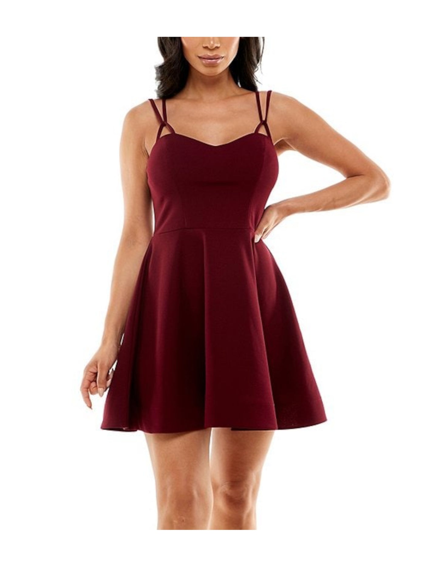 B DARLIN Womens Burgundy Stretch Zippered Darted Lined Spaghetti Strap Sweetheart Neckline Mini Party Fit + Flare Dress Juniors 1\2