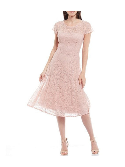 SLNY Womens Pink Lace Sequined Zippered Floral Cap Sleeve Scoop Neck Midi Party Fit + Flare Dress 8