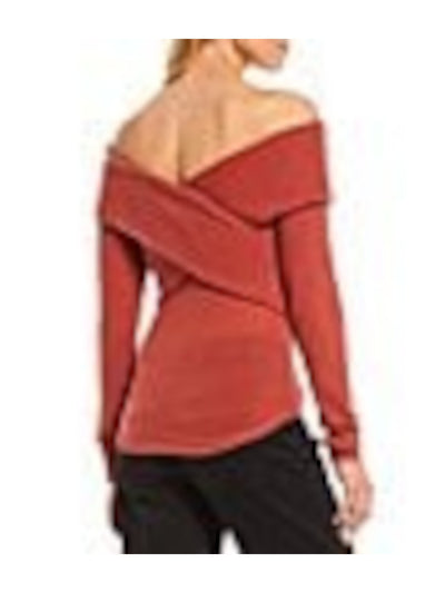 FREE PEOPLE Womens Coral Stretch Ribbed Crisscross Front Long Sleeve Off Shoulder Party Top S