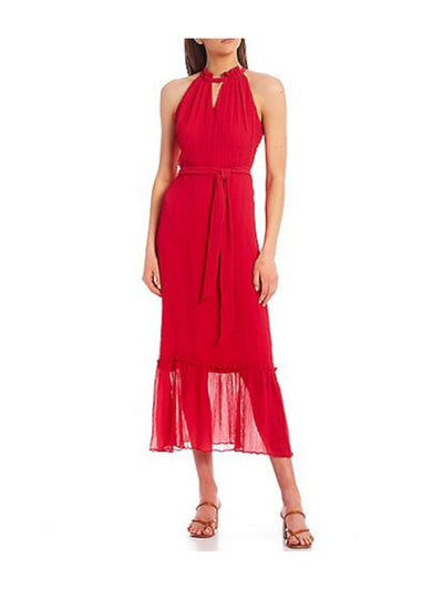 KENSIE DRESSES Womens Cut Out Ruffled Tie Tiered Keyhole Sleeveless Halter Maxi Evening Fit + Flare Dress