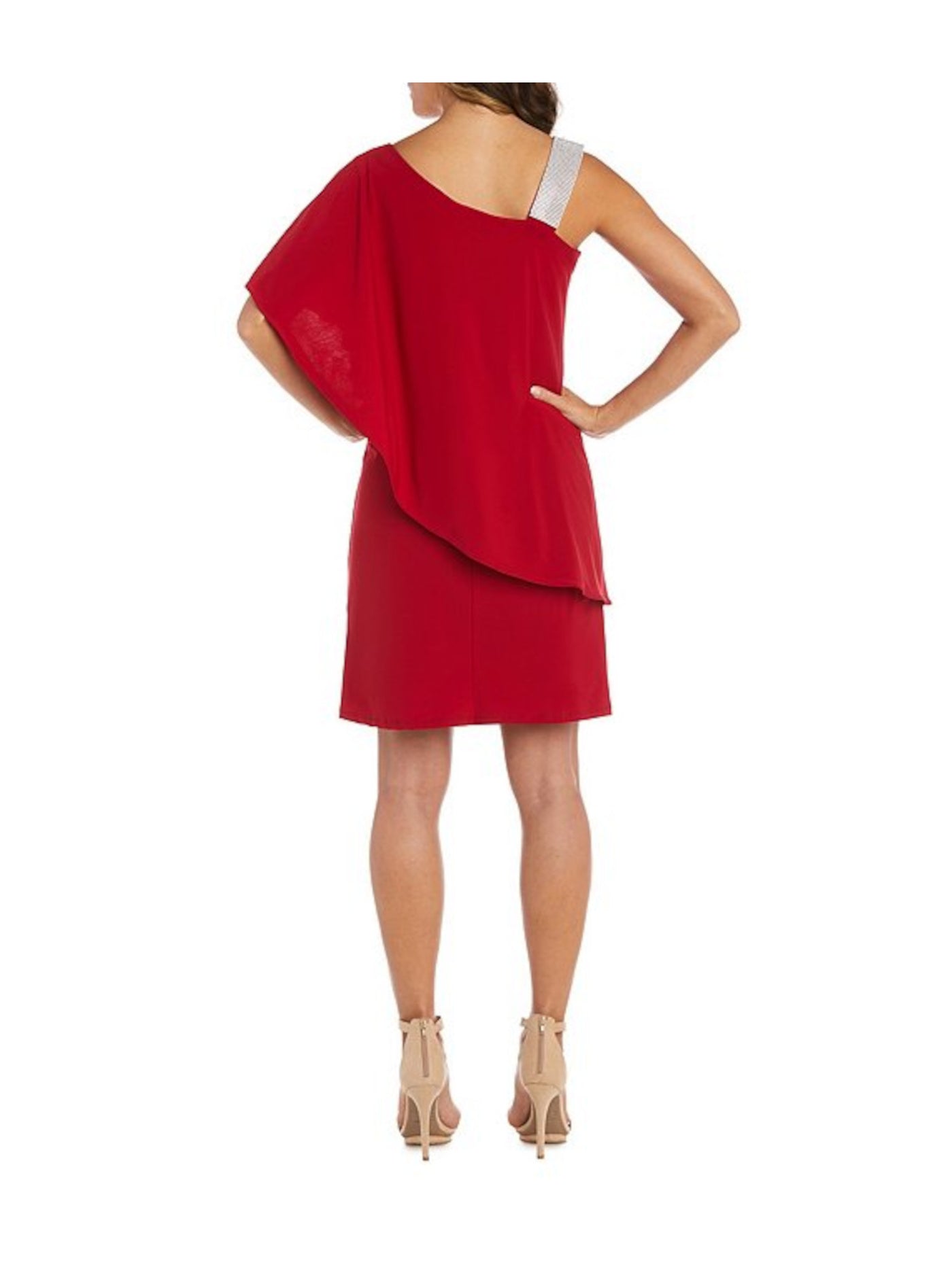 R&M RICHARDS Womens Embellished Ruffled Elbow Sleeve Asymmetrical Neckline Knee Length Party Shift Dress