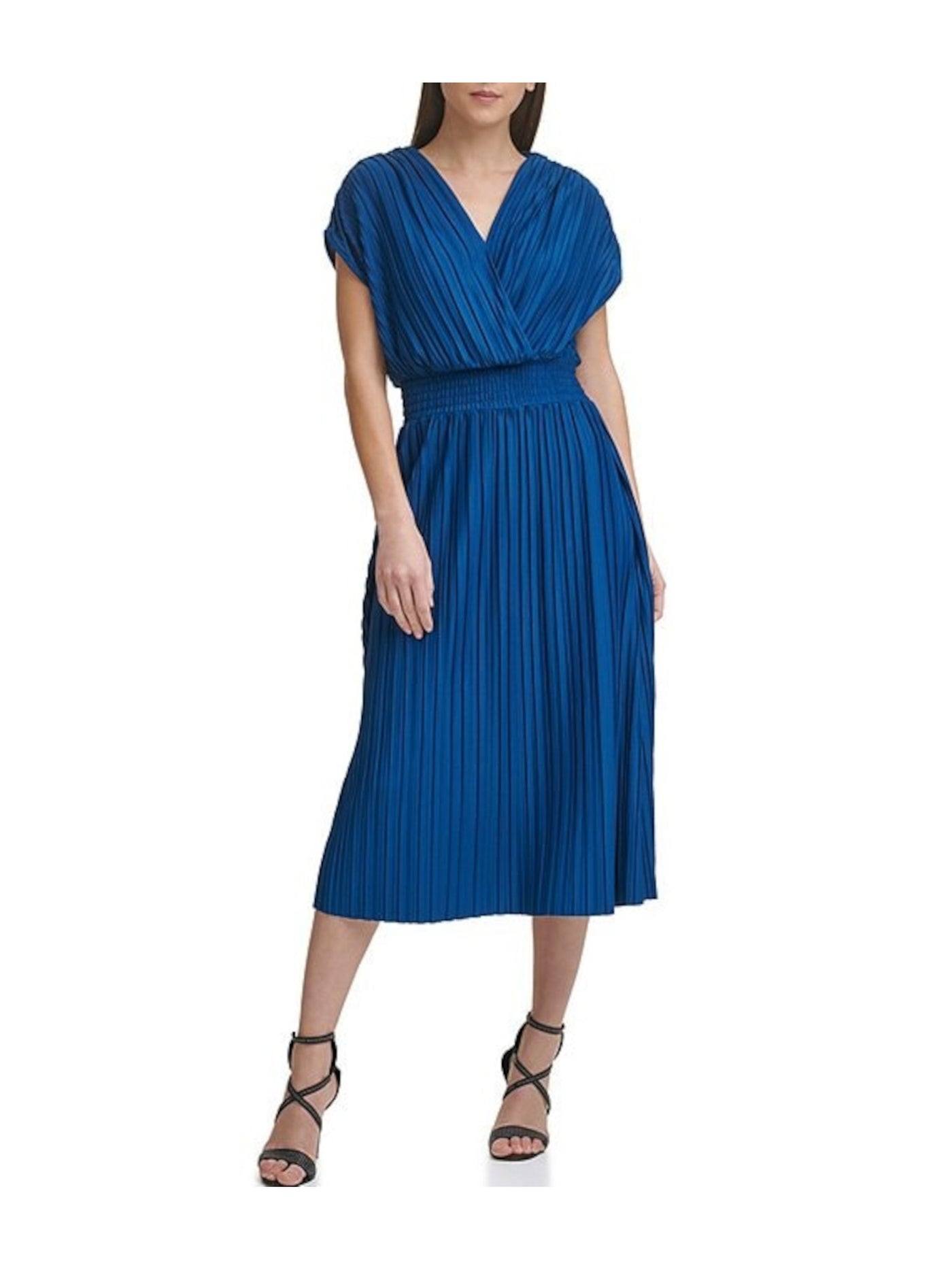 DKNY Womens Blue Stretch Smocked Pleated Jersey-knit Cap Sleeve Surplice Neckline Midi Evening Empire Waist Dress 12