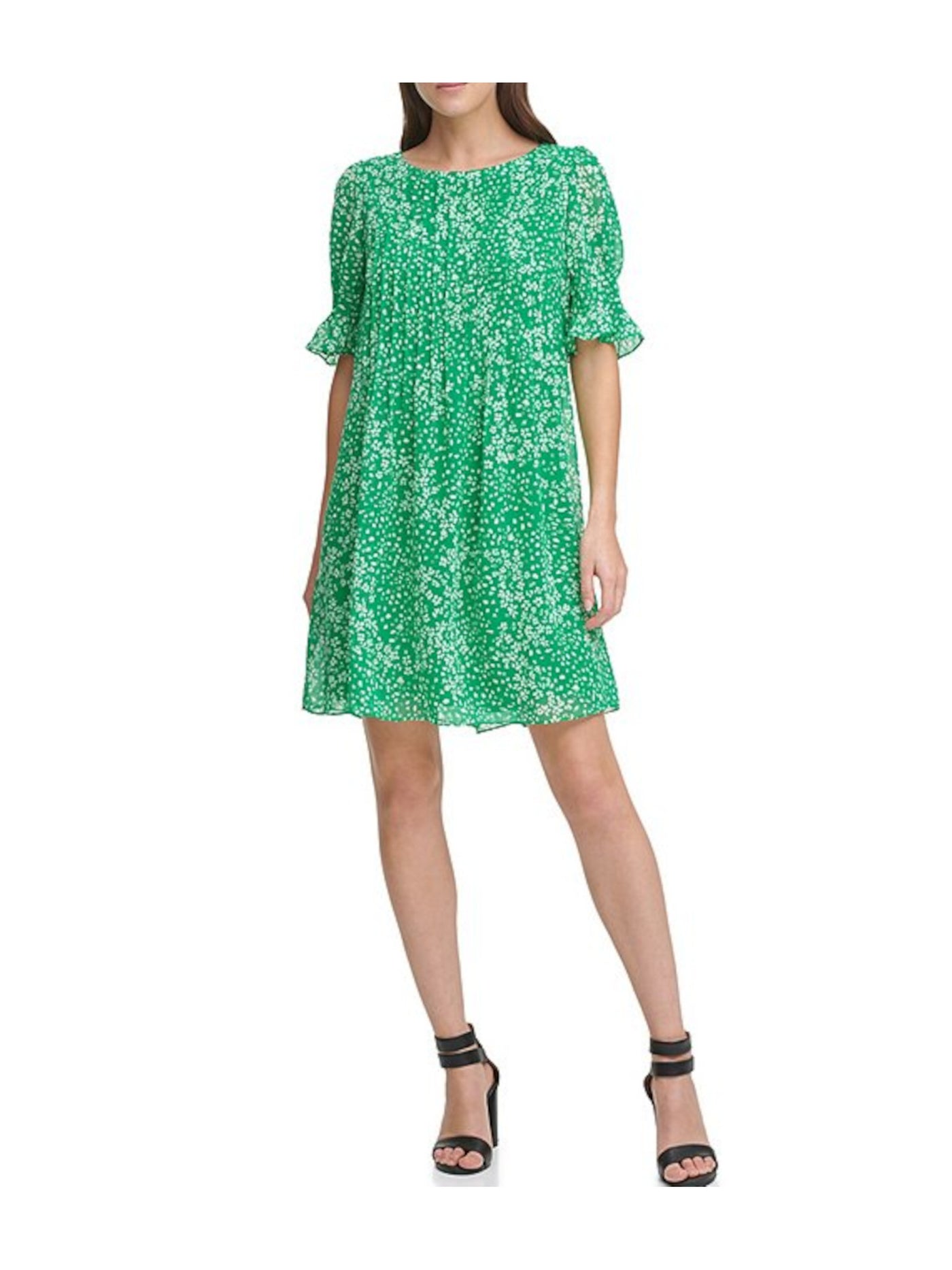 DKNY Womens Green Pleated Sheer Keyhole Back Lined Floral Short Sleeve Round Neck Above The Knee Party Trapeze Dress 2