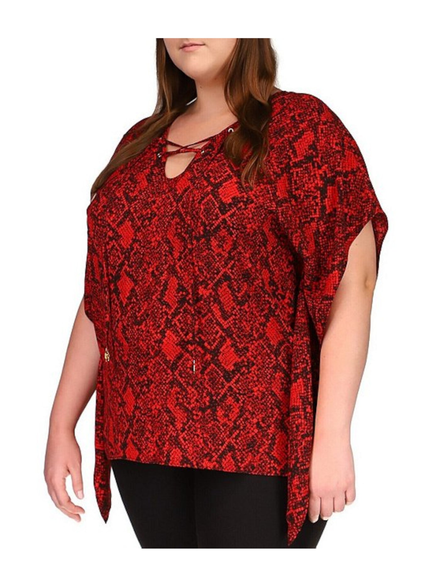 MICHAEL MICHAEL KORS Womens Red Tie Handkerchief Hem Kimono Sleeve V Neck Top Plus 3X