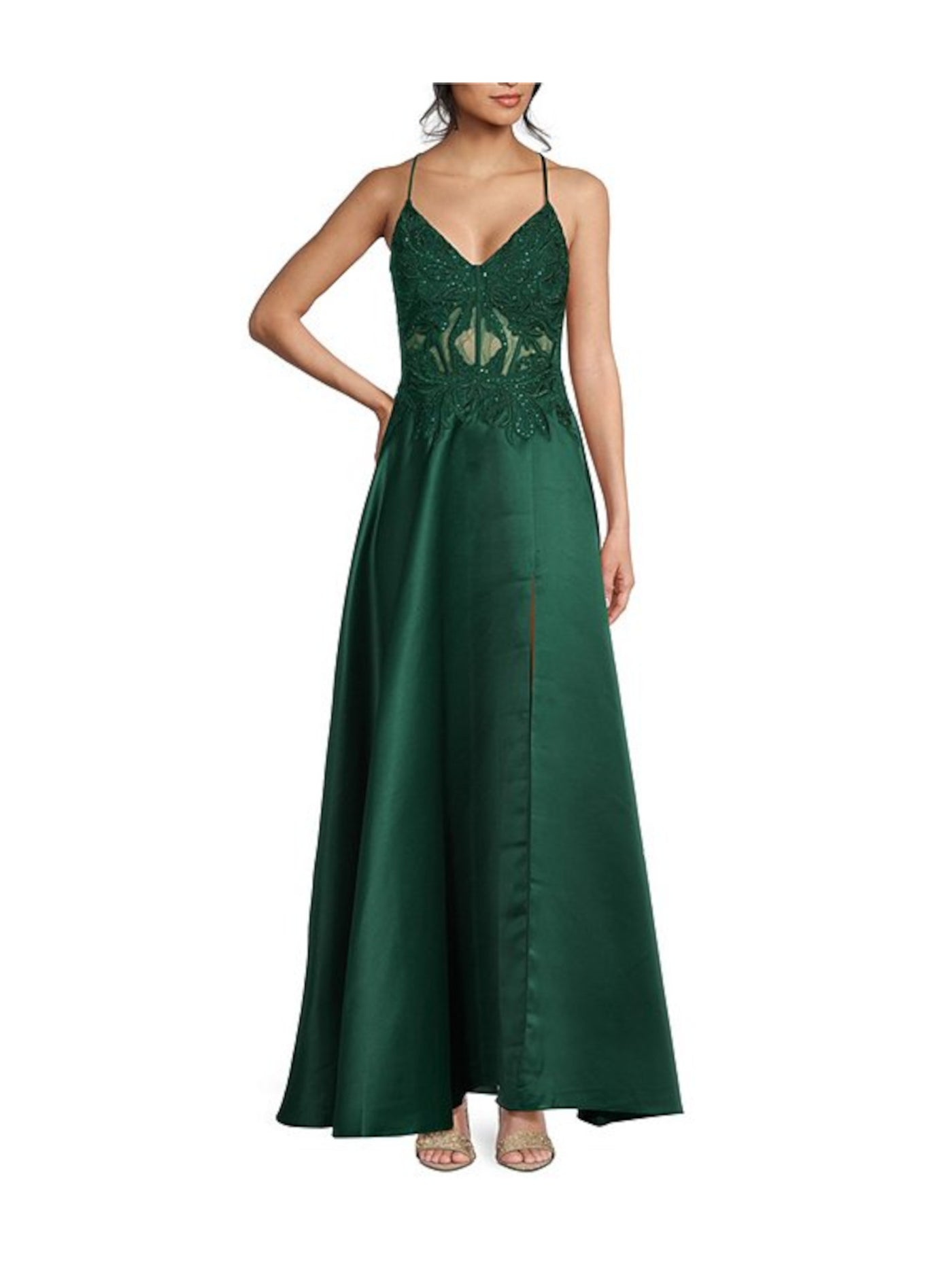 BLONDIE NITES Womens Green Zippered Pocketed Lace-up Back Bodice Lined Spaghetti Strap Split Full-Length Prom Gown Dress Juniors 5