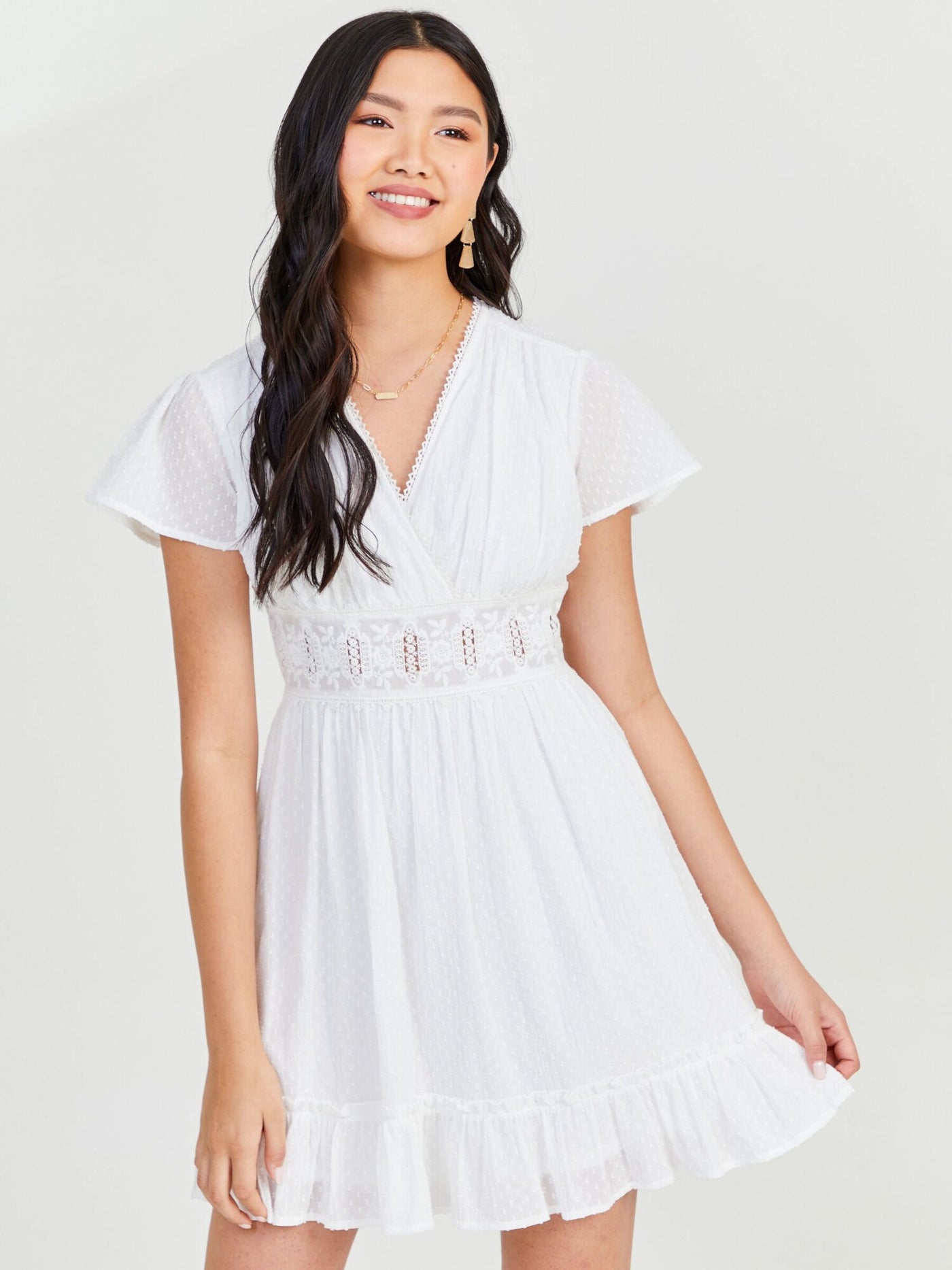 CITY STUDIO Womens White Sheer Ruffled Crochet-trim Flutter Sleeve Surplice Neckline Short Fit + Flare Dress XL