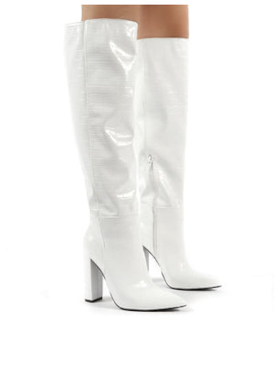 INC Womens White Animal Print Pointed Toe Block Heel Zip-Up Dress Boots 8.5 M