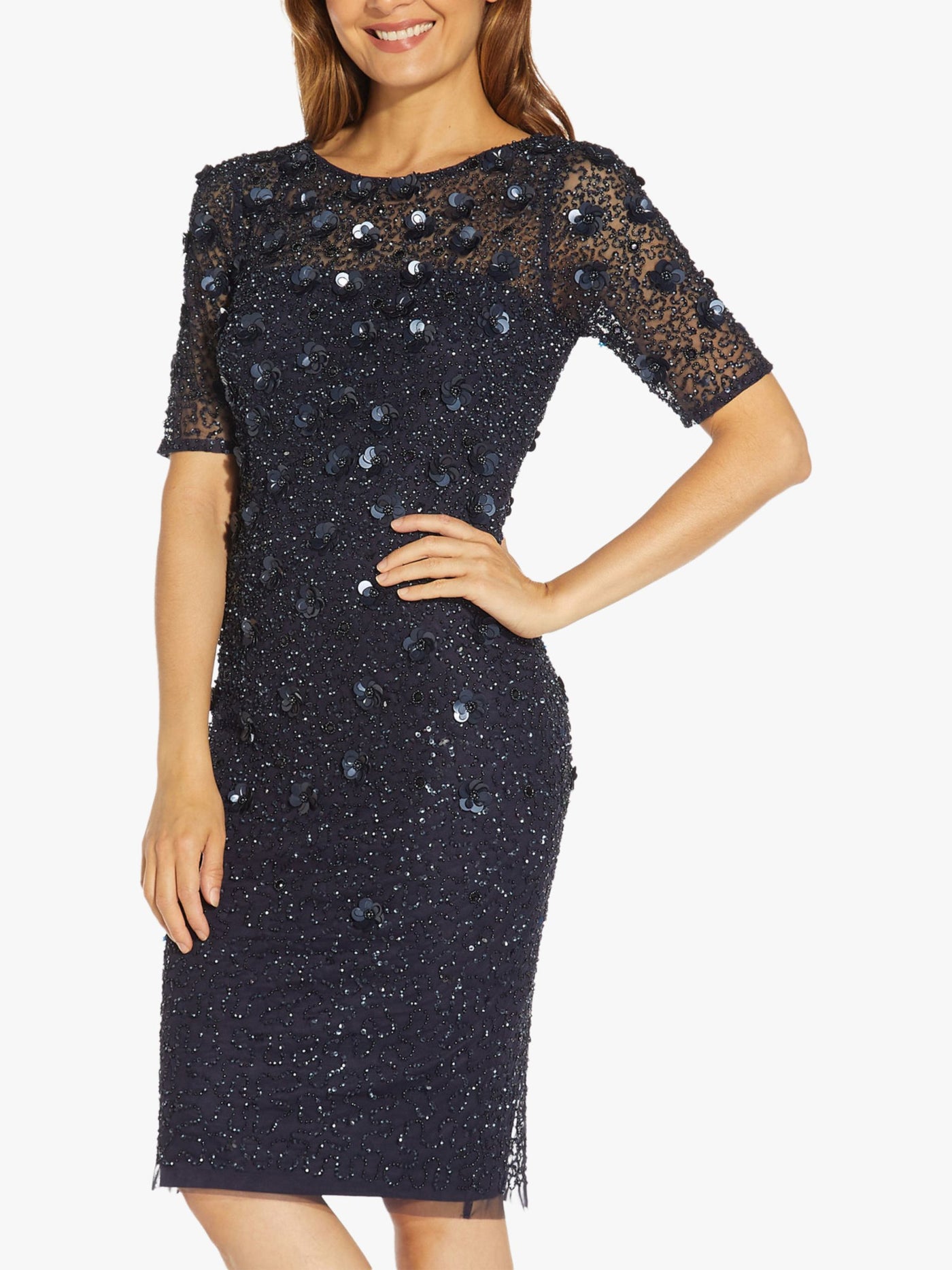 ADRIANNA PAPELL Womens Navy Sequined Beaded Sheer Zippered Lined Short Sleeve Round Neck Below The Knee Cocktail Sheath Dress 0