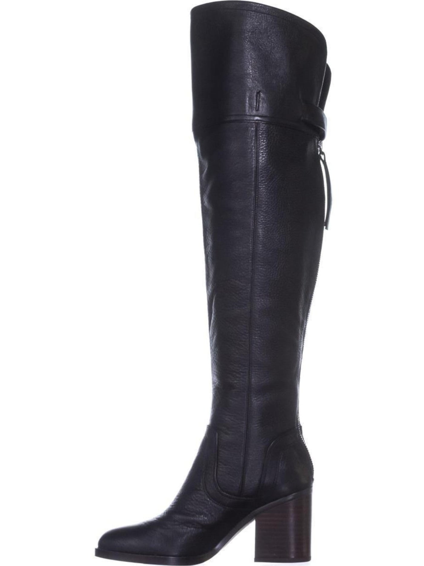 FRANCO SARTO Womens Black Stretch Knee Strap Padded Wide Calf Ollie Almond Toe Stacked Heel Zip-Up Leather Boots Shoes 7.5 M WC