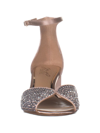 JEWEL BADGLEY MISCHKA Womens Beige Rhinestone Ankle Strap Sycamore Round Toe Block Heel Buckle Dress Sandals Shoes