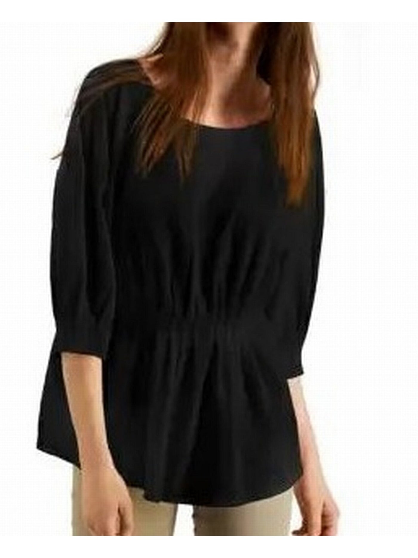 ALFANI Womens Black Gathered 3/4 Sleeve Scoop Neck Top XS