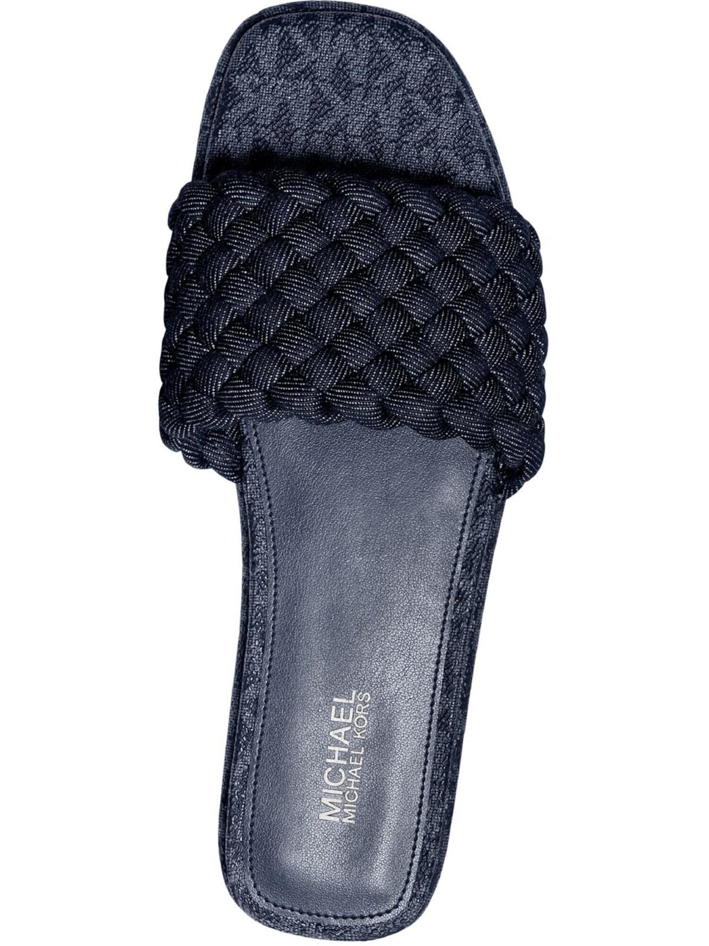 MICHAEL KORS Womens Navy Logo Woven Comfort Amelia Square Toe Slip On Slide Sandals Shoes 6.5 M