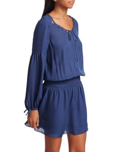 PARKER Womens Blue Tie Smocked Long Sleeve Sweetheart Neckline Mini Blouson Dress S
