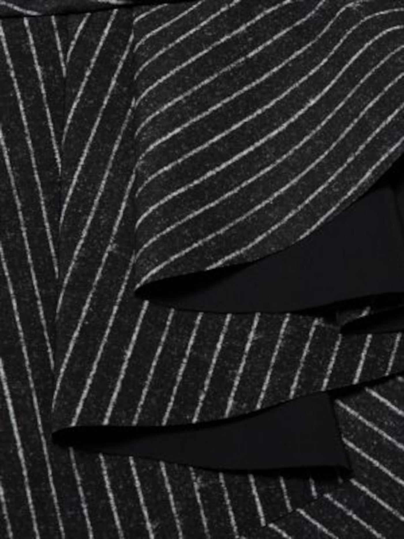 CHIARA BONI Womens Black Pleated Asymmetrical Ruffled Peplum Pinstripe 3/4 Sleeve V Neck Below The Knee Wear To Work Body Con Dress