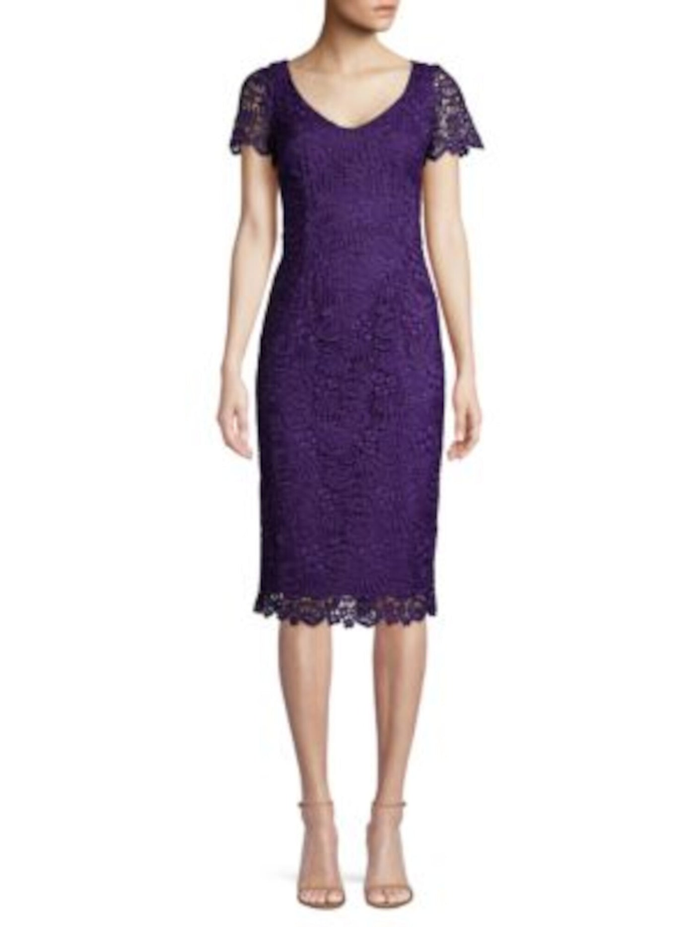TRINA TURK Womens Purple Lace Floral Short Sleeve V Neck Knee Length Party Sheath Dress 2