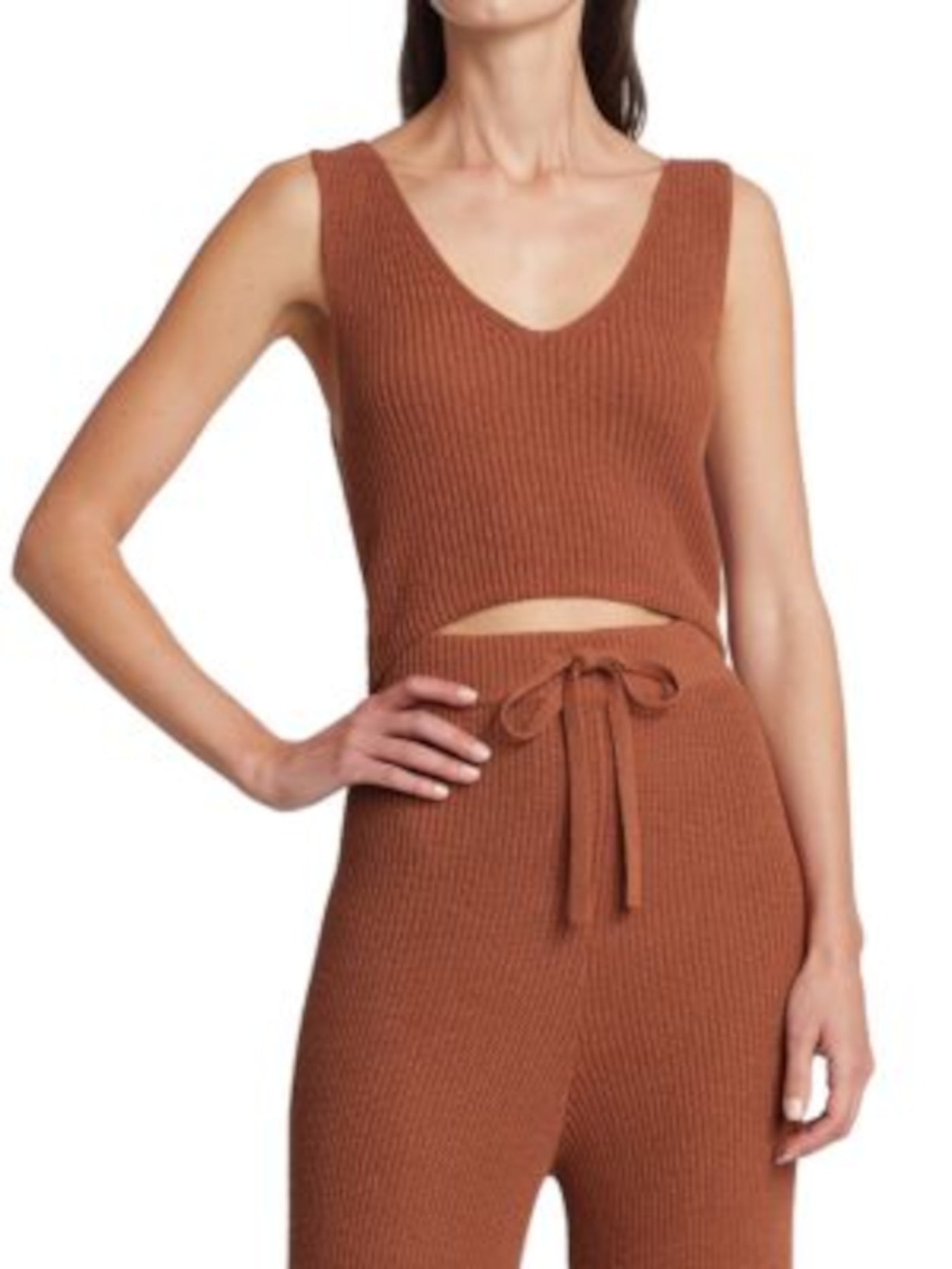 A.L.C Womens Brown Textured Ribbed Fitted Sleeveless V Neck Crop Top L