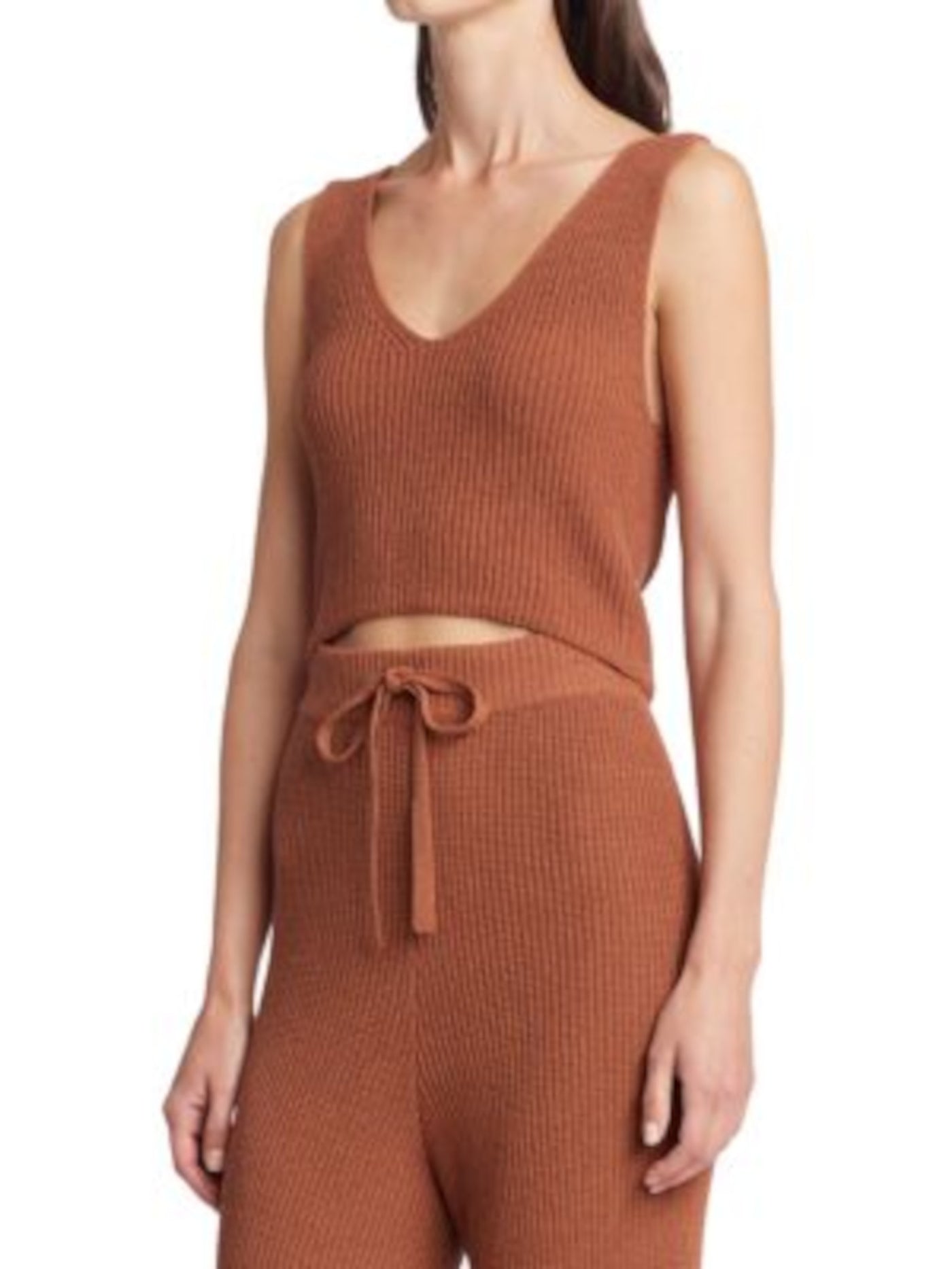 A.L.C Womens Brown Textured Ribbed Fitted Sleeveless V Neck Crop Top L