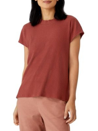 EILEEN FISHER Womens Brown Stretch Ribbed Textured Short Sleeve Crew Neck Top L