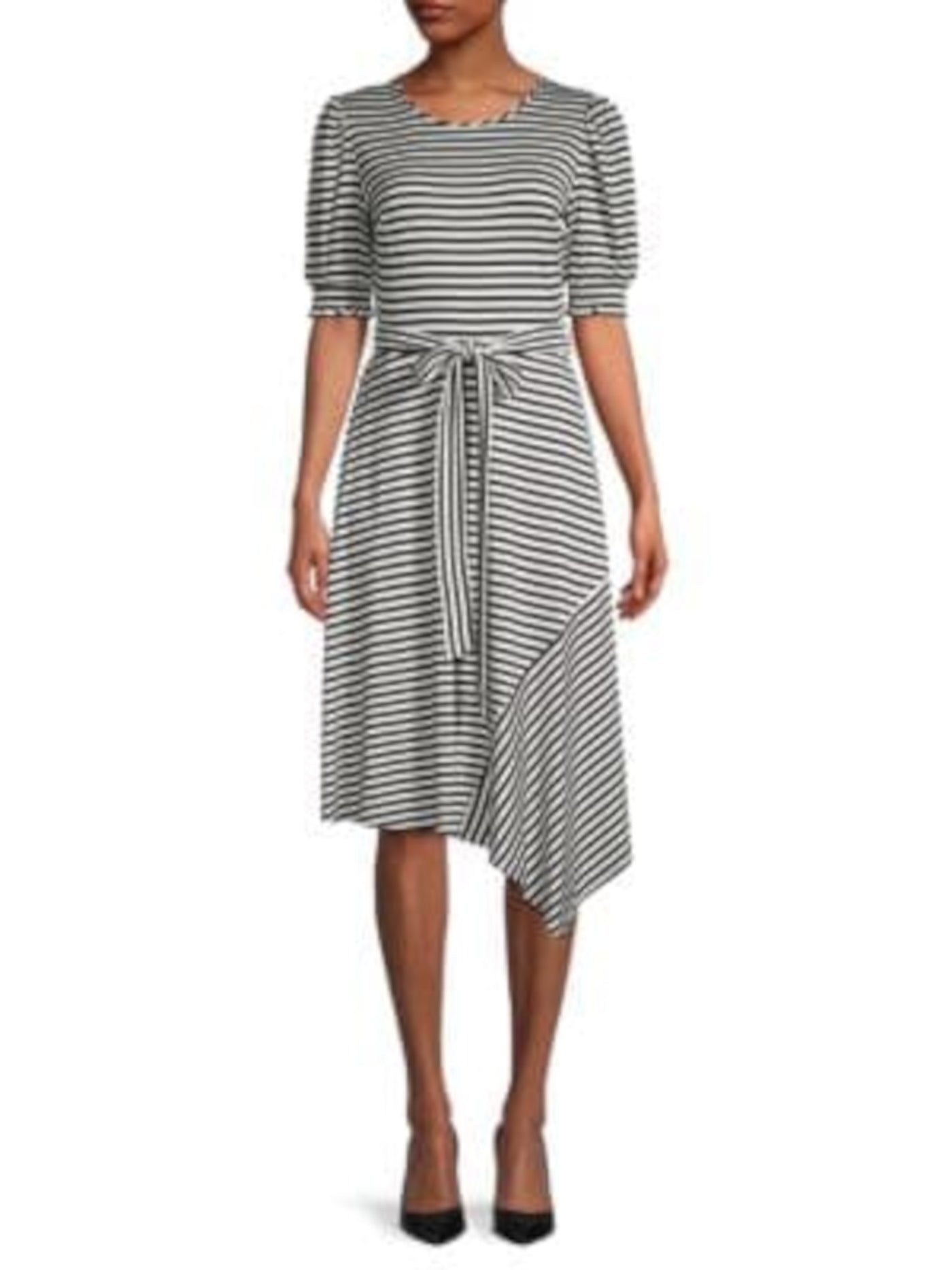 KARL LAGERFELD PARIS Womens Black Knit Belted Pocketed Asymmetrical Hem Pull Over Style Striped Pouf Sleeve Round Neck Midi Fit + Flare Dress 8
