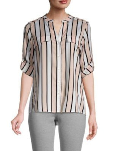 CALVIN KLEIN Womens White Striped Roll-tab Sleeve V Neck Wear To Work Button Up Top S