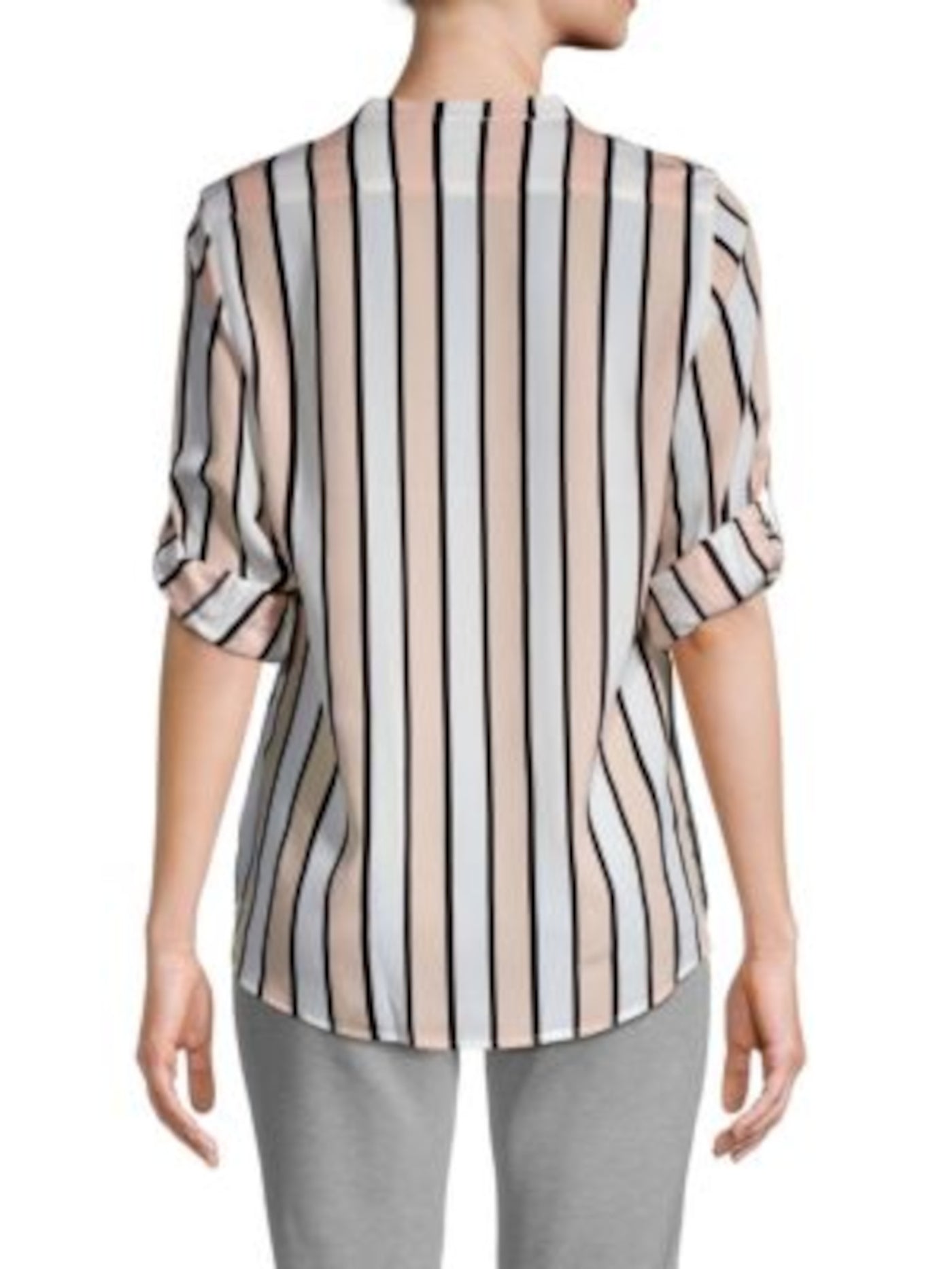 CALVIN KLEIN Womens White Striped Roll-tab Sleeve V Neck Wear To Work Button Up Top S