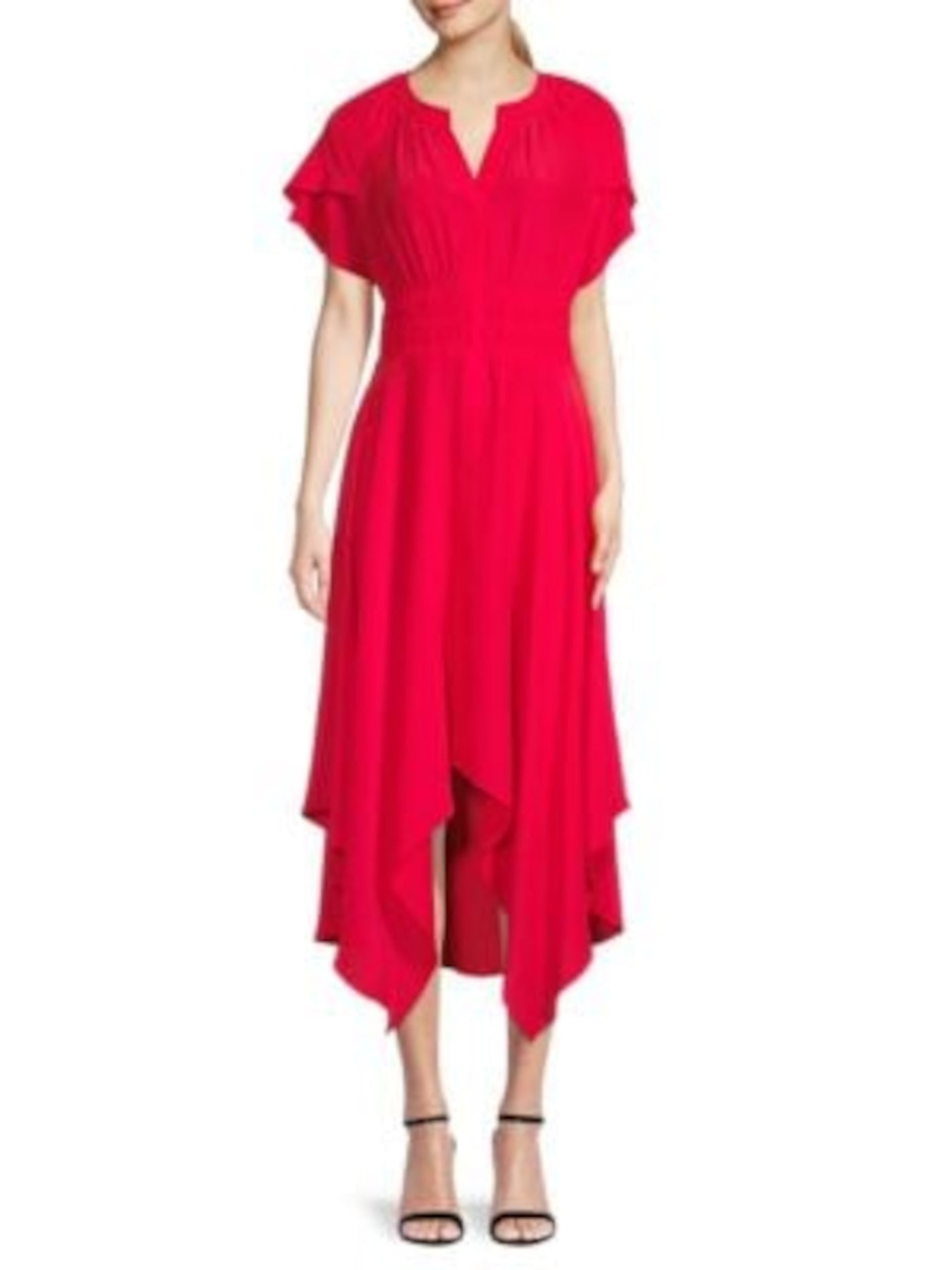 KENSIE DRESSES Womens Red Ruched Gathered Shark Bite Hemline Flutter Sleeve Split Midi Wear To Work Hi-Lo Dress 12