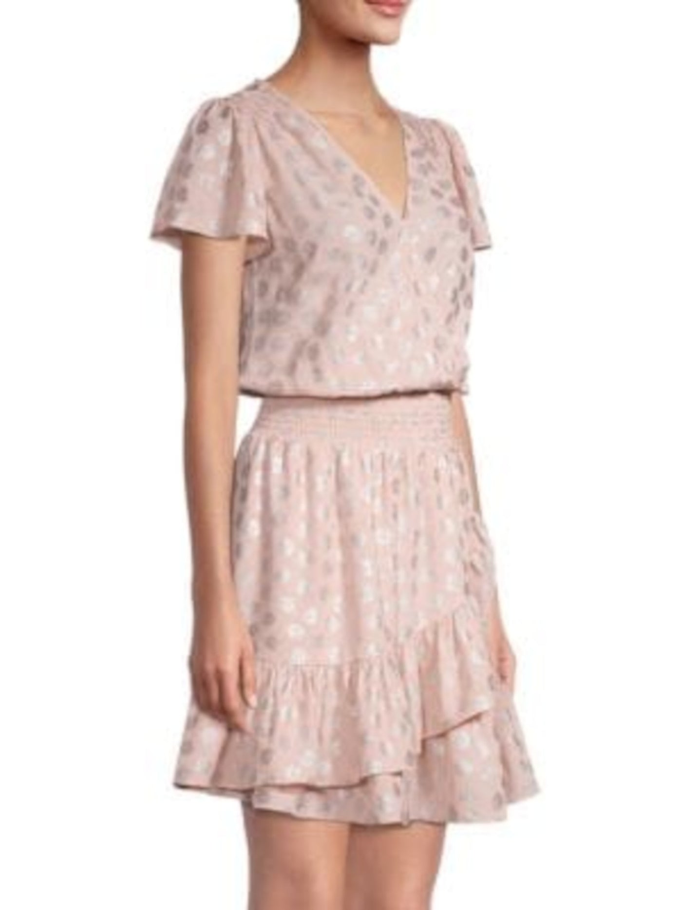 MICHAEL KORS Womens Pink Ruffled Smocked Textured Pullover Printed Flutter Sleeve Surplice Neckline Short Fit + Flare Dress Petites P\XS