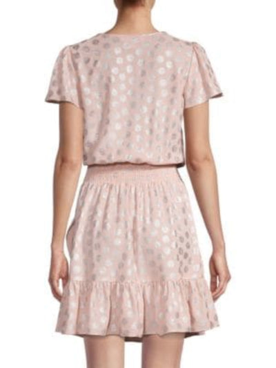 MICHAEL KORS Womens Pink Ruffled Smocked Textured Pullover Printed Flutter Sleeve Surplice Neckline Short Fit + Flare Dress Petites P\XS