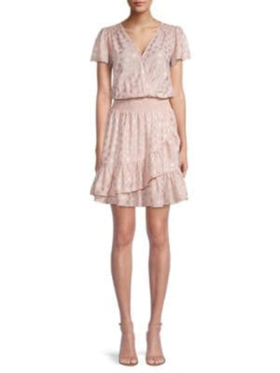 MICHAEL KORS Womens Pink Ruffled Smocked Textured Pullover Printed Flutter Sleeve Surplice Neckline Short Fit + Flare Dress Petites P\XS