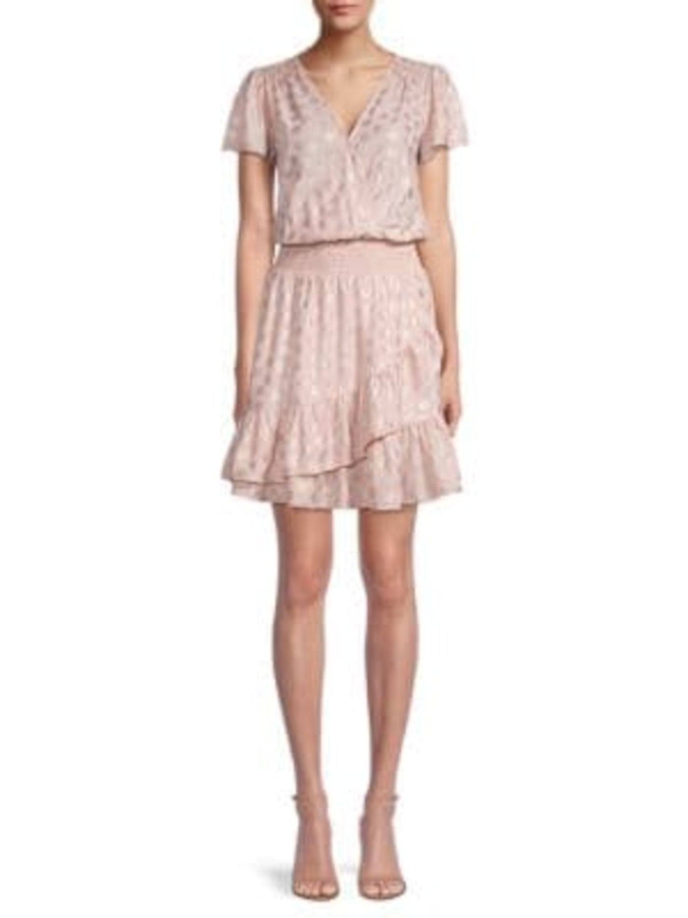 MICHAEL KORS Womens Pink Ruffled Smocked Textured Pullover Printed Flutter Sleeve Surplice Neckline Short Fit + Flare Dress Petites P\L