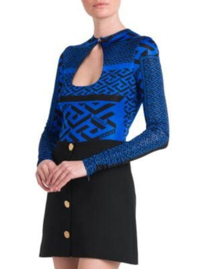 VERSACE Womens Blue Zippered Button Keyhole Hook-n-eye Gusset Logo Graphic Long Sleeve Crew Neck Party Body Suit Top 44