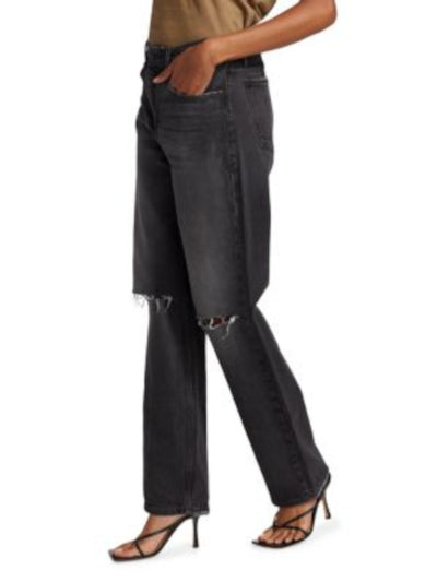 GOOD AMERICAN Womens Black Denim Darted Distressed High Waist Ripped Straight leg Jeans 4\27