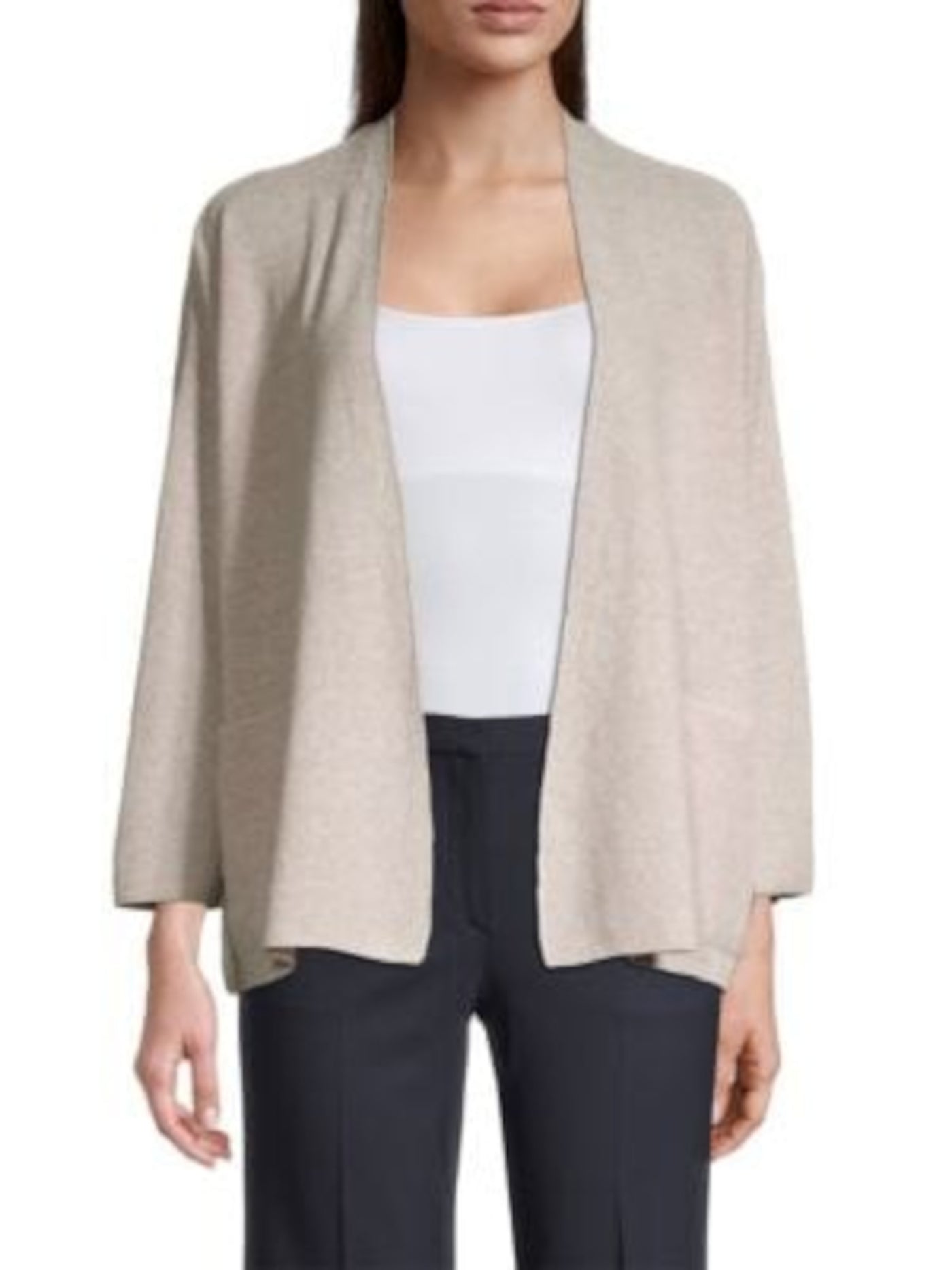 EILEEN FISHER Womens Beige Pocketed Textured Oversized Fit Cardigan 3/4 Sleeve Open Front Sweater XS