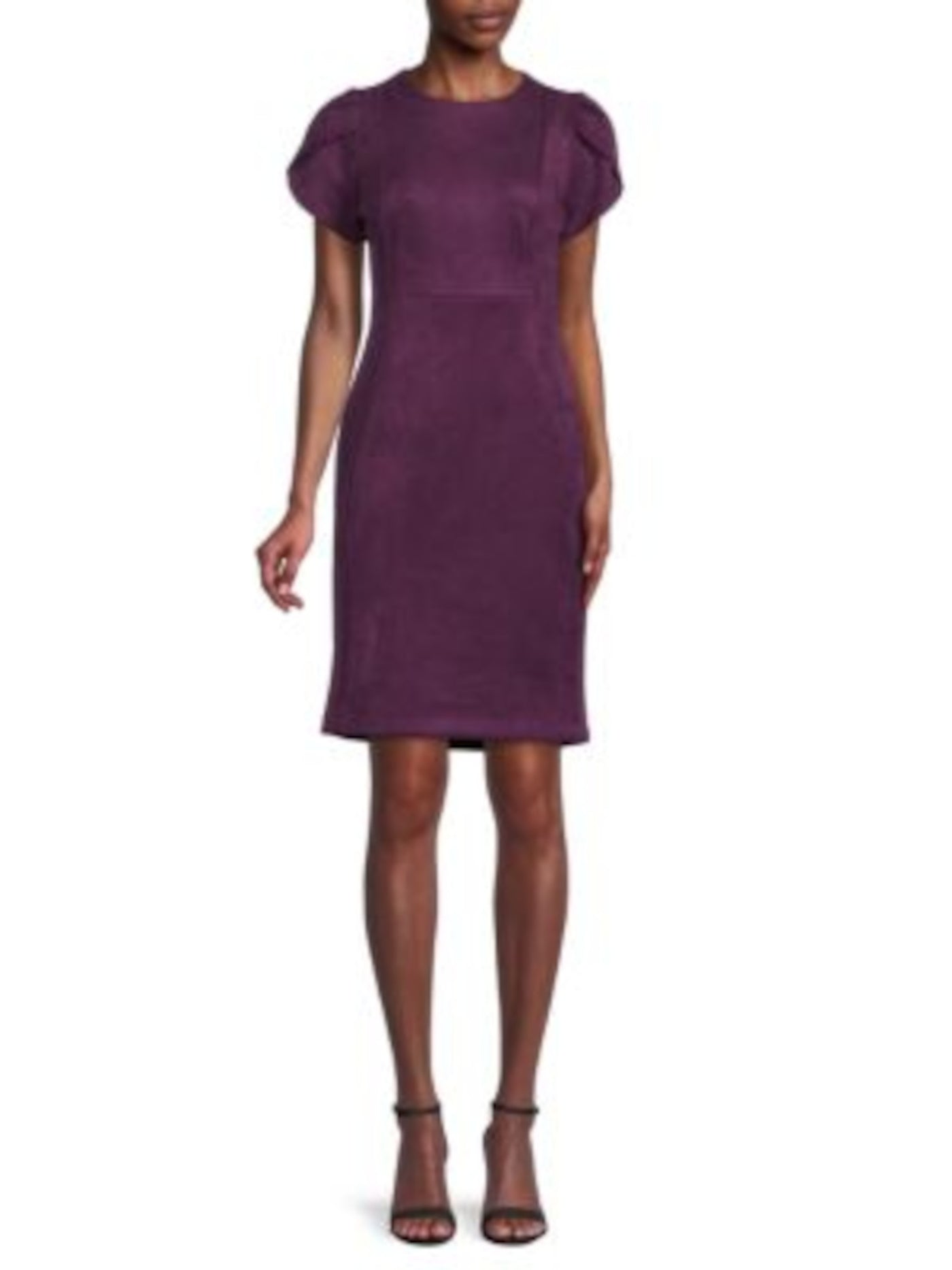 CALVIN KLEIN Womens Purple Zippered Faux Scuba Suede Petal Sleeve Round Neck Knee Length Wear To Work Sheath Dress 8
