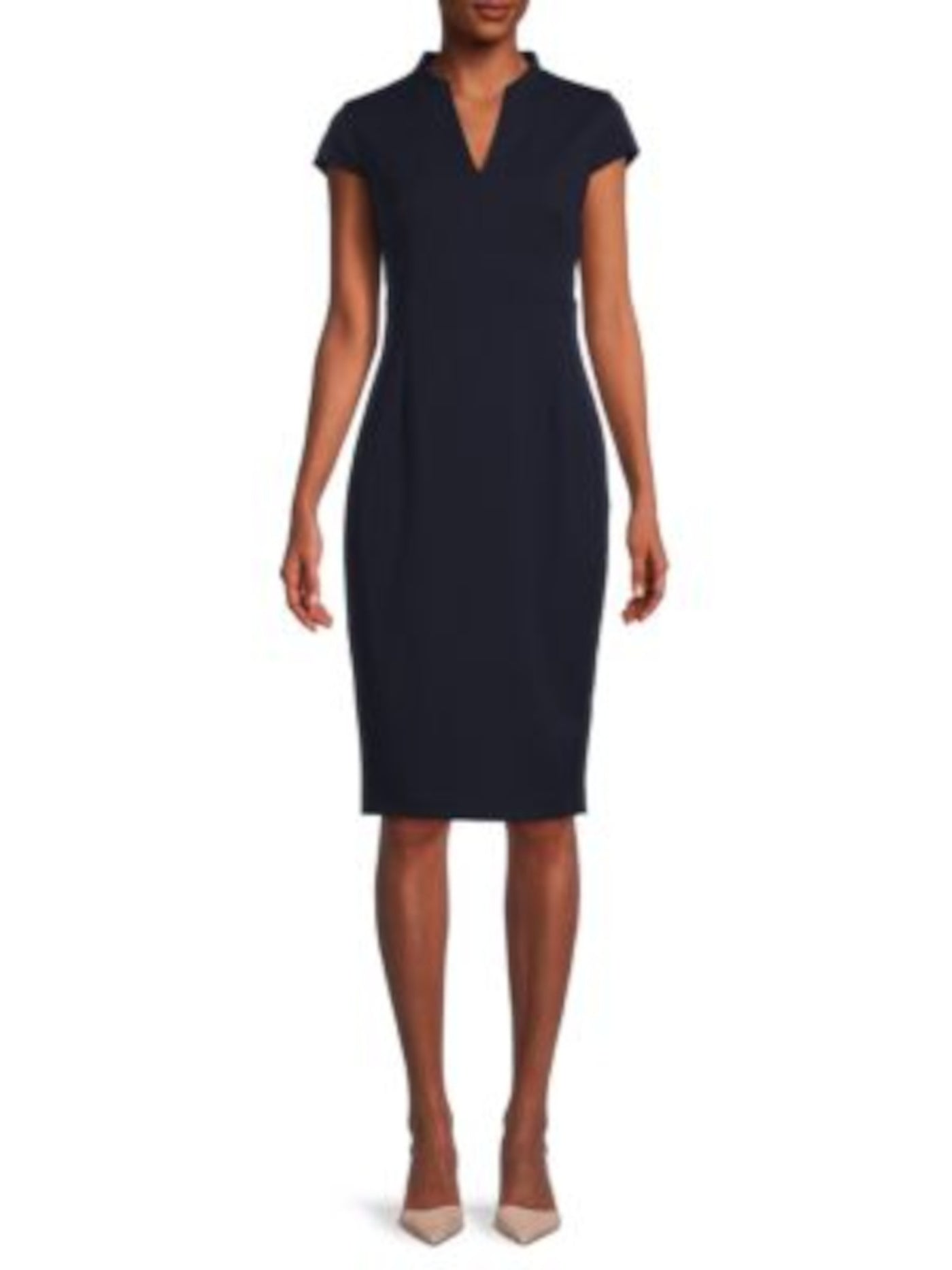 CALVIN KLEIN Womens Navy Zippered Unlined Back-slit Cap Sleeve V Neck Knee Length Wear To Work Sheath Dress Petites 4P