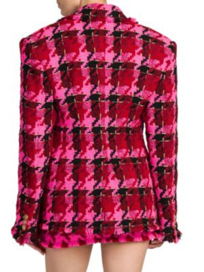 VERSACE Womens Red Pocketed Fringed Button Closure Padded Shoulders Plaid Wear To Work Blazer Jacket 40