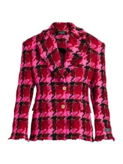 VERSACE Womens Red Pocketed Fringed Button Closure Padded Shoulders Plaid Wear To Work Blazer Jacket 40
