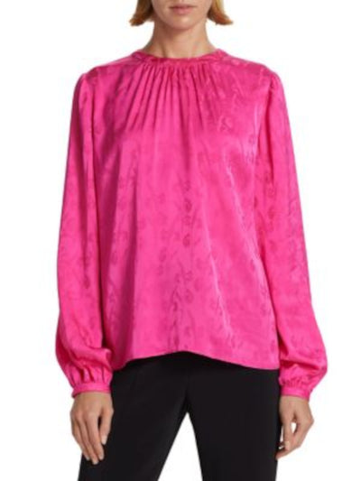 JASON WU Womens Pink Gathered Keyhole Back Curved Hem Long Sleeve Crew Neck Wear To Work Top 4