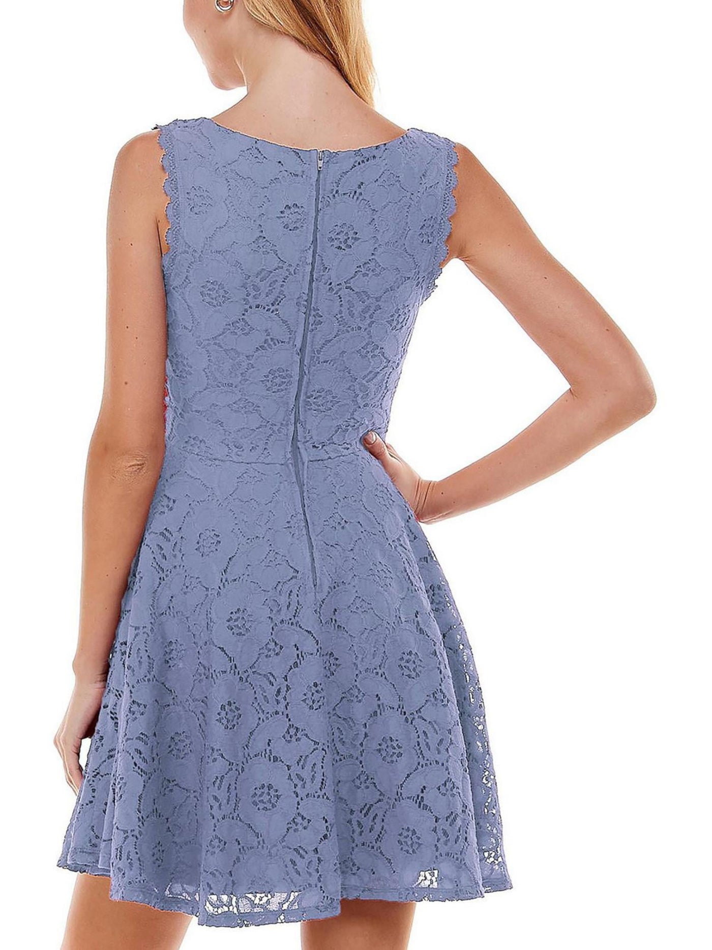CITY STUDIO Womens Blue Scalloped Zippered Lined Sleeveless Boat Neck Short Fit + Flare Dress Juniors 15