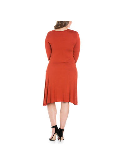 24 SEVEN COMFORT Womens Orange Stretch Long Sleeve Scoop Neck Knee Length Fit + Flare Dress L
