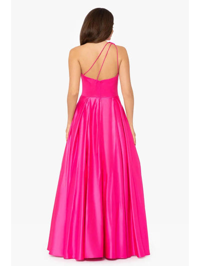 BLONDIE NITES Womens Pink Zippered Pocketed Pleated Lined Tulle Sleeveless Asymmetrical Neckline Full-Length Formal Gown Dress Juniors 5