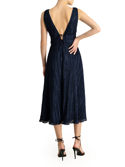 ML MONIQUE LHUILLIER Womens Navy Textured Zippered Tie V-back Lined Sleeveless V Neck Midi Cocktail Fit + Flare Dress 12