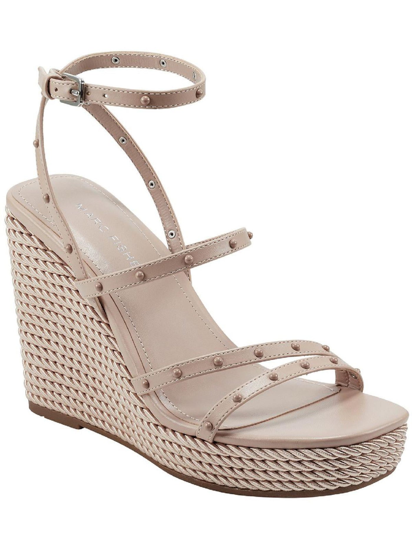 MARC FISHER Womens Beige Strappy Studded Zig Square Toe Wedge Buckle Heeled Sandal 8.5 M